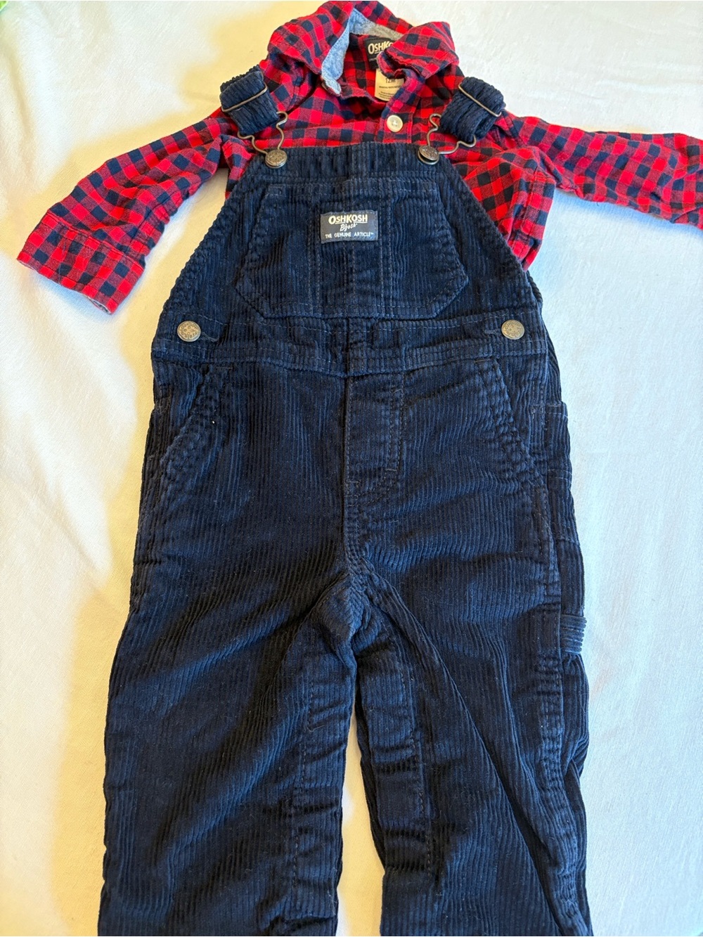 OshKosh B'gosh Navy Corduroy Overalls with Red Plaid Shirt